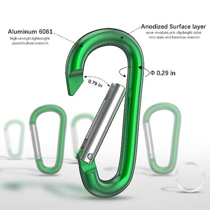 sprookber 3" Aluminum Carabiner D Ring, Caribeener Clips, Spring Snap Hook for Keychain Clip, Set of 10 - color: Green