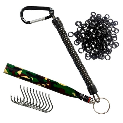 Reaction Tackle Wacky Rig Tool and O-Rings for Soft Plastic Worms, Bass Fishing Wacky Rig and Neko Rig Stick Bait Setup for Largemouth and Smallmouth - color: Camo Tool PLUS 125 O-rings +10 hooks