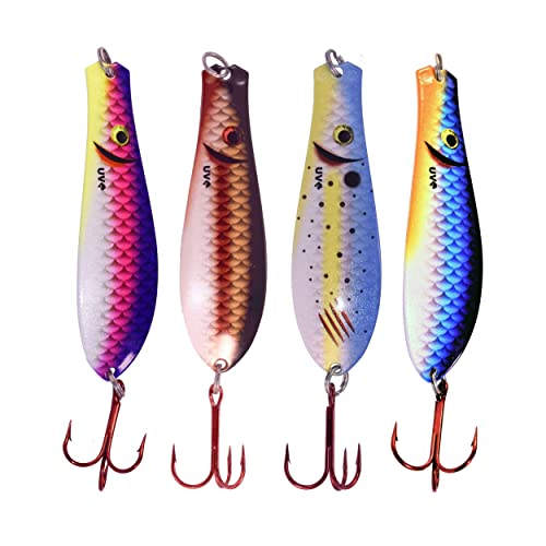 Doctor Spoon 4 Pack Premium Ultra Violet Fishing Spoons - Featuring Innovative Image and Ultra Violet Finish Technology - Great for Jigging, Trolling, Casting Both Fresh and Salt Water - color: UV MIX 2, size: 4-1/2 inch | 1-3/16 oz