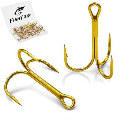 FishTrip 25pcs Treble Hooks, Replacement Hook Gold for Fishing Lures | High Carbon Steel Ultra Barbed Sharp Triple Fishing Hooks for Saltwater Freshwater for Bass Trout Replacement Size 14-4/0 - size: 2#_25pcs