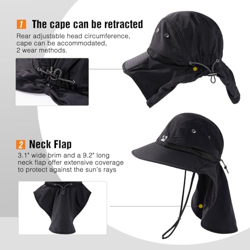 Oversized XL XXL Mens Sun Hat Big Head Neck Flap Shade Waterproof UPF50+ Wide Brim Hat Fishing Safari Hiking - color: Black, size: X-Large-XX-Large
