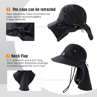Oversized XL XXL Mens Sun Hat Big Head Neck Flap Shade Waterproof UPF50+ Wide Brim Hat Fishing Safari Hiking - color: Black, size: X-Large-XX-Large