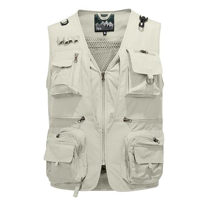 Men's Fishing Vest Casual Utility Lightweight Cargo Vest with Multi Pockets Outdoor Safari Photo Travel Jacket Vest - color: Y004- Beige, size: Large