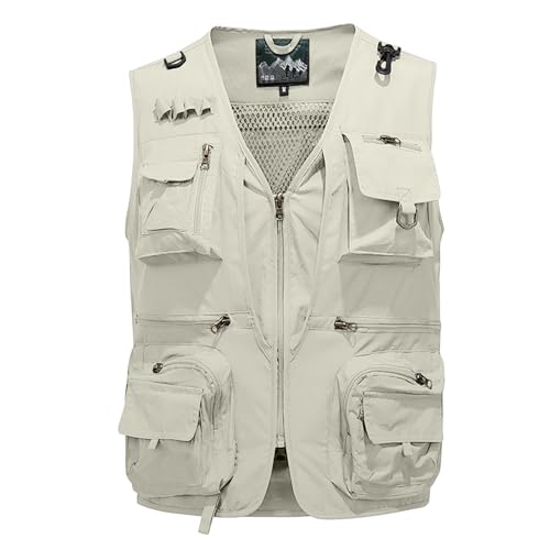 Men's Fishing Vest Casual Utility Lightweight Cargo Vest with Multi Pockets Outdoor Safari Photo Travel Jacket Vest - color: Y004- Beige, size: X-Large