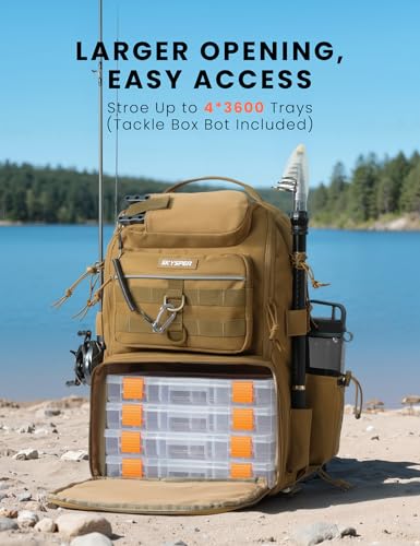 SKYSPER Tackle Backpack Fishing Bags with Rod Holder, 40L Water-Resistant Tackle Box Storage Bag for Fishing Gear Lures(Khaki) - color: Khaki