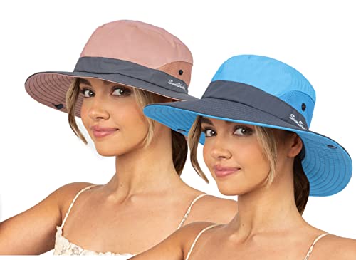 Sun Hat for Women Summer UV Protection Beach Hat Wide Brim Mesh Bucket Fishing Hat with Ponytail Hole Foldable Packable Hat - color: Blue+pink(with Ponytail Hole)