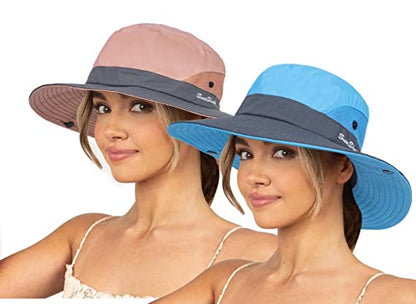 Sun Hat for Women Summer UV Protection Beach Hat Wide Brim Mesh Bucket Fishing Hat with Ponytail Hole Foldable Packable Hat - color: Blue+pink(with Ponytail Hole)