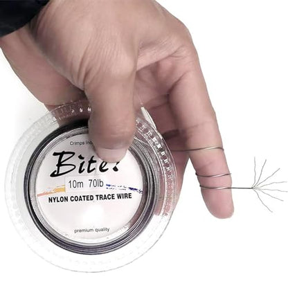 5LB-280LB 7 Strands Stainless Steel Wire Leader Nylon Coated-32.8ft Fishing Leader with 10pcs Crimp Sleeves - color: Silver with spool, size: 200LB