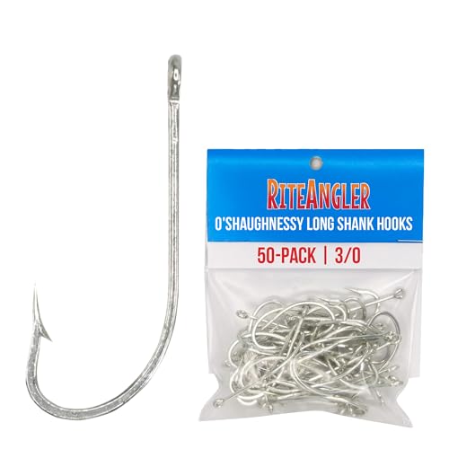 Rite Angler O'Shaughnessy Long Shank Hooks 50-Pack for Inshore and Offshore Fishing, Trolling in Saltwater and Freshwater, Assorted Sizes #2, 1, 1/0, 2/0, 3/0, 4/0, 5/0, 6/0, 7/0, 8/0, 9/0, 10/0 - size: 3/0