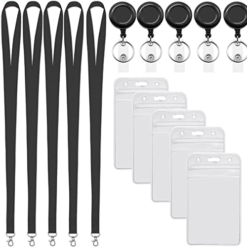 5Pcs Black Lanyards with Vertical ID Badges Holder and Retractable Reel | Flat Lanyard,For Keys,Card Holder - color: Black