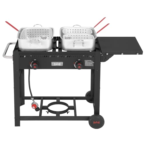 Feasto Outdoor Propane Deep Fryer with Movable Cart, 36 QT 2-Burner Stove | 100,000 BTU Total, 2 x 18QT Aluminum Pots, 1 x 18QT Basket & 2 x 9QT Frying Baskets, Portable Fryer for Fish, Fries & Chicken - size: 36 qt