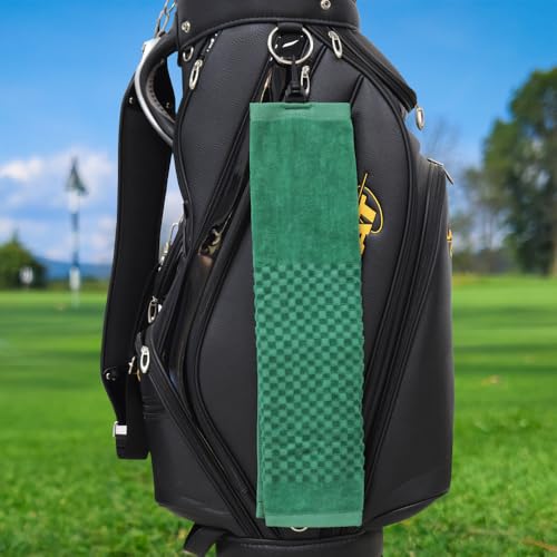 Cotton Golf Towel for Golf Bag for Men Women Golfer with Clip Tri-fold Golf Towel for Golf Ball Putter Cleaning Golf Club Cleaner Towels Checkered Pattern Design (Green) - color: Green