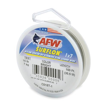 American Fishing Wire Surflon Nylon Coated 1x7 Stainless Steel Wire Leader - Wire Fishing Leader Line for Saltwater 10lb Up To 250lb Test in Bright, Black, Camo in 30ft, 100ft, 300ft, & 1000ft Lengths - color: Bright, style: 100 Feet, 15 Pound Test