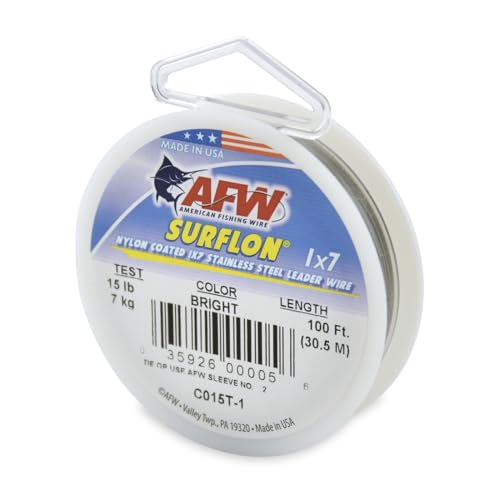 American Fishing Wire Surflon Nylon Coated 1x7 Stainless Steel Wire Leader - Wire Fishing Leader Line for Saltwater 10lb Up To 250lb Test in Bright, Black, Camo in 30ft, 100ft, 300ft, & 1000ft Lengths - color: Bright, style: 100 Feet, 15 Pound Test