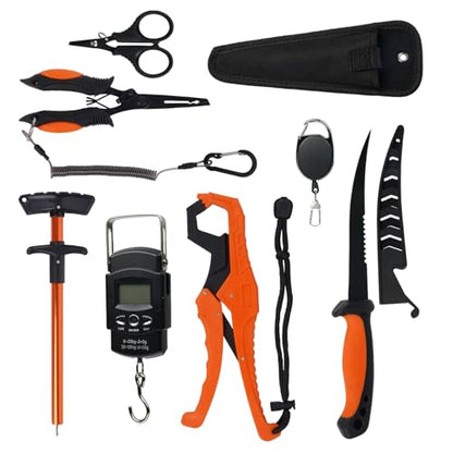 RAWILL Fishing Kit,Filleting Knife,Hook Remover,Fish Grip, Line Cutter,Fishing Scale, Pliers with Lanyards,Not Include Batteries - color: Orange