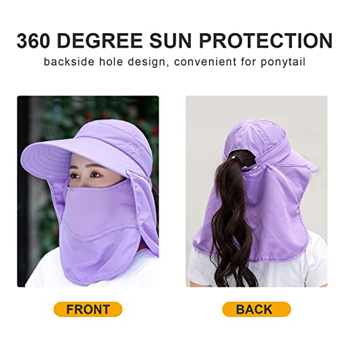 Women Wide Brim Face Mask Sun Hat Detachable Neck Face Flap Ponytail UV Protection Visor Hat Garden Fishing Hiking - color: A5-shun005-purple