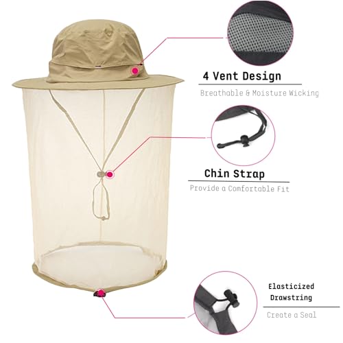 Flammi Mosquito Net Hat Safari Hat UPF 50+ Sun Protection Boonie Hats for Men with Neck Flap Fishing Hiking Hat for Men/Women - color: Khaki