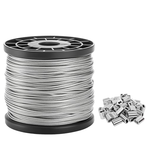 1/8" Wire Rope,328ft Stainless Steel Cable with 100Pcs Aluminum Crimping Sleeves, Steel Wire Cable,Picture Wire,7x7 Strand,1433 lbs Breaking Strength - size: 1/8-inch