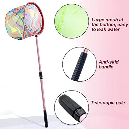 Kids Fishing Net - Telescopic Landing Net with Aluminum Pole Handle, Collapsible Bucket Sand Pail, Butterfly Net for Outdoor Play - color: Pink