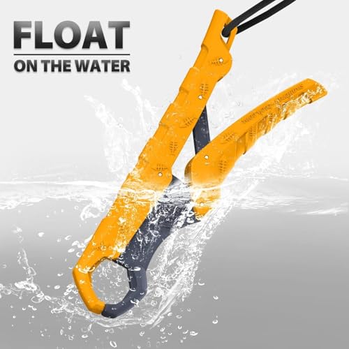 SNAIL TRAIL 7.5'' Floating Fish Gripper, Fishing Grabber | Catfish Mouth Pliers, Caught Bass Holder, Fish Scale Hook Clamp, Saltwater Lip Grip Tool with Lanyard, Gifts for Men - color: Yellow-gray
