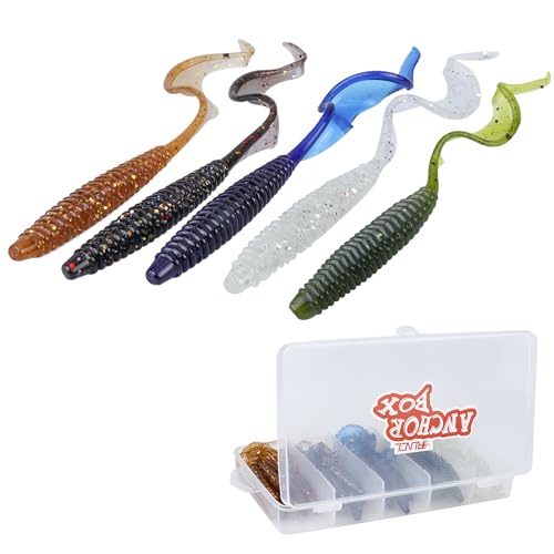 RUNCL Anchor Box - Paddle Tail Swimbaits, Soft Jerk Baits, 20/40/50/60pcs Soft Fishing Lures, Curved Tail Grubs - 3D Lifelike Eyes, Split/Boot/Curved/Straight/Thin Tail - 1/2/3/4/5in, Proven Colors - color: X - Curved Tail Grubs (4in, 40pcs)