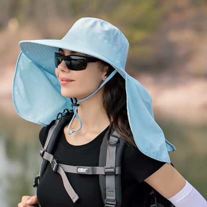 HUAMULAN Women Large Brim Sun Hat with Neck Flap, Men Quick Dry Hiking Fishing Safari Hat UPF 50+ - color: Blue With Mesh Panel