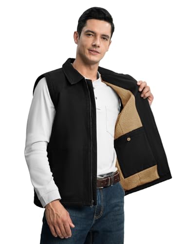 TBMPOY Men's Winter Vest Casual Sherpa Fleece lined Full Zip Lightweight Vest Outerwear Warm Cotton Travel Jackets - color: Black, size: XX-Large