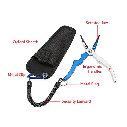 Aluminum Fishing Pliers Split Cutters Hooks Remover Fishing Holder Tackle with Oxford Sheath and Security Landyard (blue) - color: Blue