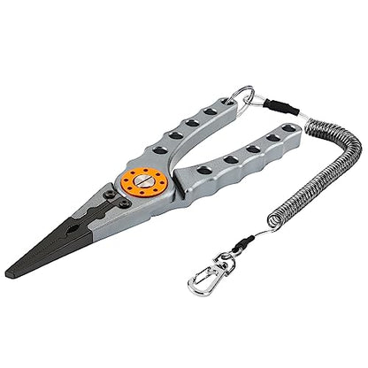 Booms Fishing X1 Aluminum Fishing Pliers Saltwater, Surf Fishing Tackle Kit, Fishing Multitool Hook Remover Braided Fishing Line Cutting and Split Ring with Coiled Lanyard and Sheath - color: Gun Metal