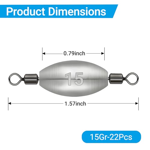 Polsefve Inline Trolling Fishing Weights with Inner Swivels, Oval Drop Casting Sinkers Lead Sinker Tackle for Catfish Bass Saltwater & Freshwater Bottom Fish(10g/15g/20g/30g/40g/60g) - color: 1/2oz-22pcs