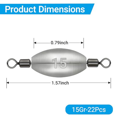Polsefve Inline Trolling Fishing Weights with Inner Swivels, Oval Drop Casting Sinkers Lead Sinker Tackle for Catfish Bass Saltwater & Freshwater Bottom Fish(10g/15g/20g/30g/40g/60g) - color: 1/2oz-22pcs