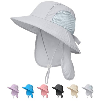 Outdoor Kids Sun Hats with Neck Flap Boys Girls Wide Brim UPF 50+ UV Protection Children Bucket Hat Safari Hat - color: 1pack-lightgrey