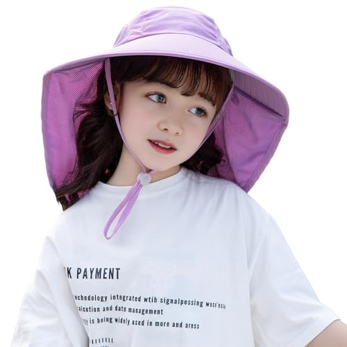 Rosoz Kids Sun Hat with Neck Flap UV Protection Summer Toddler Beach Hat Unisex Ponytail Hat Wide Brim Fishing Hat - color: 2pack-purple+l Grey