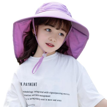 Rosoz Kids Sun Hat with Neck Flap UV Protection Summer Toddler Beach Hat Unisex Ponytail Hat Wide Brim Fishing Hat - color: 2pack-purple+l Grey