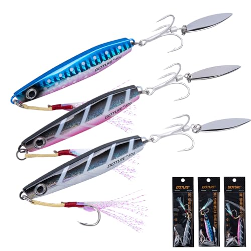 Goture Fishing Jigs, 40g 60g Vertical Jig Saltwater Freshwater, Jig Fishing Lures with Assist Hooks and Treble Hook, Jigging Spoon Lures for Tuna, Salmon,Striped Bass, Grouper Snapper,Kingfish - color: B2:3pcs Fishing Jigs, size: 1.41oz/40g