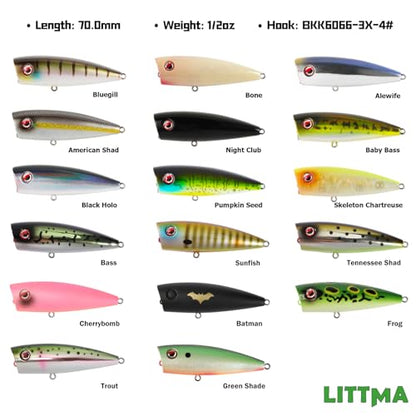 LITTMA Bass Fishing Topwater Popper Lures - Effective Top Water Lures for Bass Anglers - Durable Design for Catching Trophy Bass with High-Performance Popping Action - color: Pumpkin Seed,Skeleton Chartreuse,Black Holo