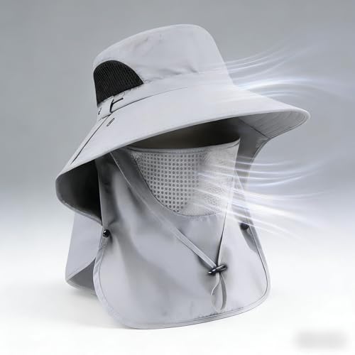 Sun Hat for Men and Women, UPF 50+ UV Protection, Wide Brim Breathable, Fish Hat with Neck Flap and Breathable Face Mask - color: Light Gray