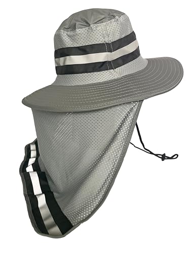 Men's Wide Brim Boonie Bucket Sun Hat with Neck Flap, High Visibility Reflective Stripes, UV Protection - color: Dark Grey