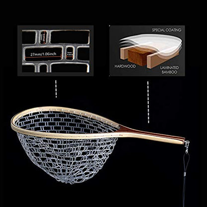 Fly Fishing Landing Net with Wood Handle Wooden Frame Soft Rubber Mesh or Waterproof Nylon Mesh Nets with Magnetic Release for Trout Bass Fish Catch and Release - color: Rubber Net with Magnetic Release