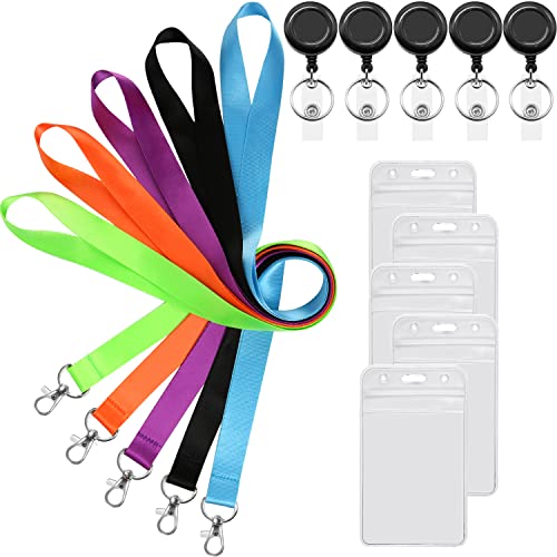 5Pcs Colorful Lanyards with Vertical ID Badge Holder and Retractable Reel | Flat Neck Lanyard,For Keys Women Teacher Men - color: Black,blue,green,purple,orange