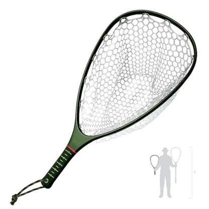 Riverruns Fly Fishing Landing Net Carbon Fiber Trout Net with Measurement Handle, Soft Rubber Mesh - 26" Standard (Wading) / 37" Long (Kayak) - color: 26" Wading Net (Standard) - Green Carbon