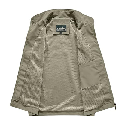 Mens Golf Vest Waterproof Fishing Shirt Zip Up Sleeveless Jacket with Pockets Outdoor Camping Hiking Shirts Travel Photo Vest - color: A07 Khaki, size: Medium