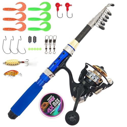 Portable Compact Small Fishing Rod and Reel Combos, 4.9Ft Telescopic Fishing Pole and Metal Spool Reel with Line, Hook, Lure, Bag for All Season Travel Fishing, for Teens & Beginners - color: Blue- Full Kits