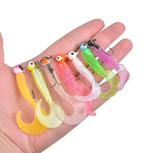 Grub Fishing Lures Jig Heads Hooks Kit, Crappie Lures Tube Baits Soft Worms Grub Tail Crappie Jigs for Bass Trout Bluegill Panfish Fishing 17-140pcs - color: 17pcs/kit