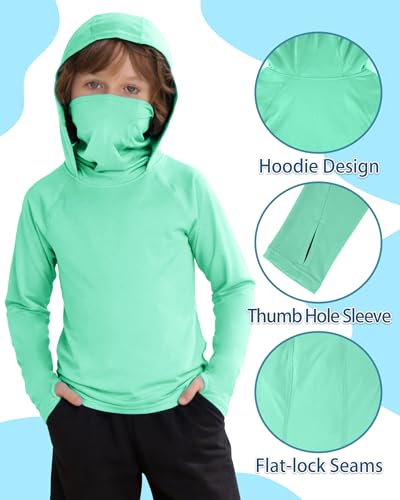 Boys Hooded Fishing Shirt with Mask, Kids UPF 50+ Long Sleeve Rash Guard Hoodie, Sun Protection Beach Swim Shirts - color: Green, size: Small