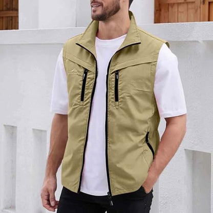 Men Fishing Vest Lightweight Outerwear Golf Running Sleeveless Jacket Travel Photo Utility Vest with Zipper Pockets - color: #02 Khaki, size: Medium