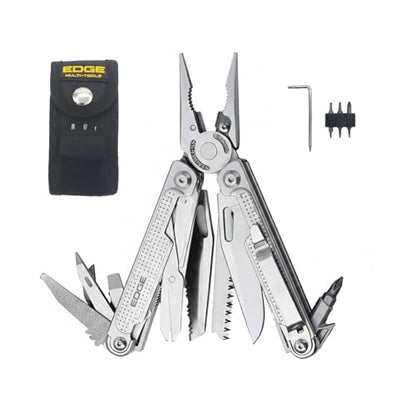 EDGE Multi-Tool Pliers, 14-in-1 Stainless Steel Multitool with Knife, Saw, Scissors, Wire Cutter & Screwdriver Bits, Compact Folding Pocket Tool for Camping, Survival, Fishing & Car Emergency (Silver) - color: Silver