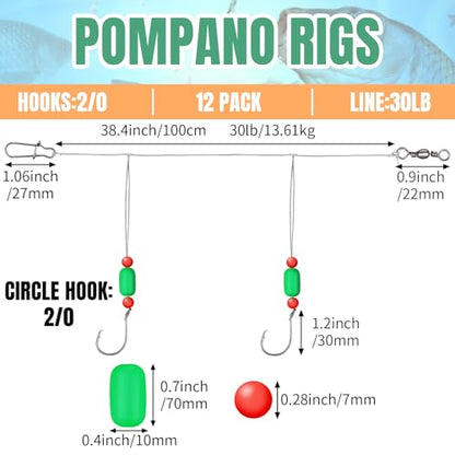 JellyArch 12 Pcs Pompano Rigs for Surf Fishing Offshore Surf Fishing Rigs Saltwater Gear Tackle with 2/0 Circle Hooks Double Circle Swivels Duo Lock Snaps - color: Green