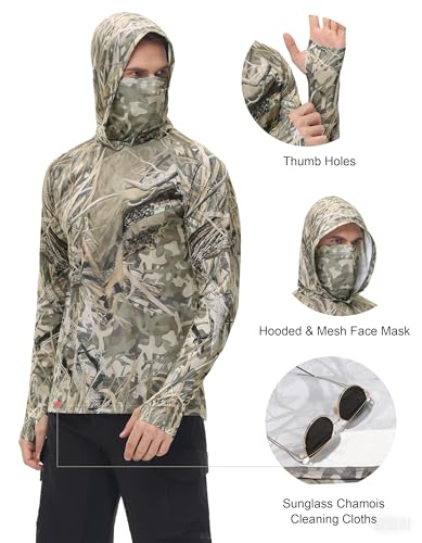 FISHEAL Men's Hunting Shirts with Mask - UPF 50+ Camo Long Sleeve Fishing Hoodie Shirt with Adjustable Drawstring - color: Reeds, size: Medium