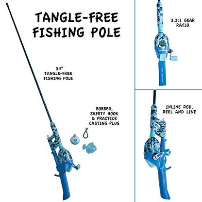 Kid Casters Tangle-Free Fishing Combo | Spincast Reel & Practice Casting Plug with Bobber | 34" Tangle-Free Combo | Pre-spooled 6-lb Line | Blue | Spincast Reel, Practice Casting Plug with Bobber, 34" Tangle-Free Combo, Pre-spooled 6-lb Line